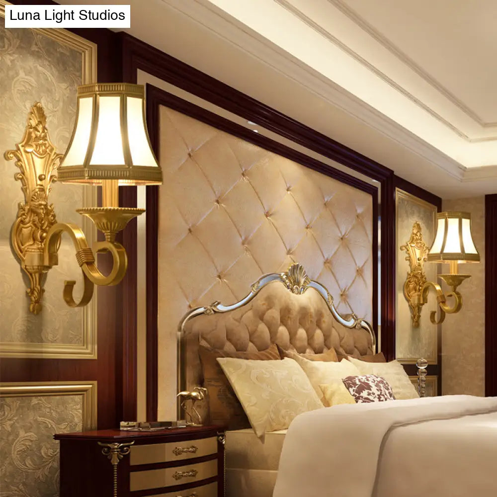 Traditional Brass Cone Wall Lamp With Beveled Glass Panel - Bedroom Mount Lighting