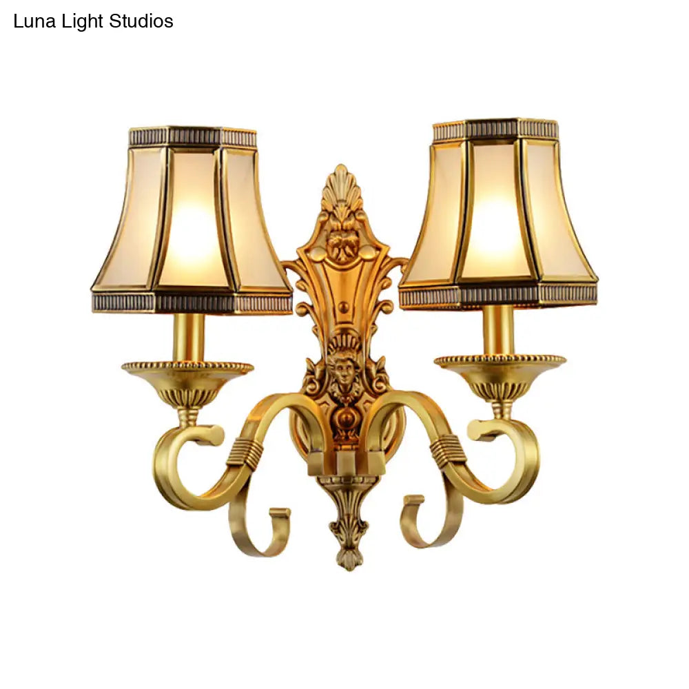 Traditional Brass Cone Wall Lamp With Beveled Glass Panel - Bedroom Mount Lighting