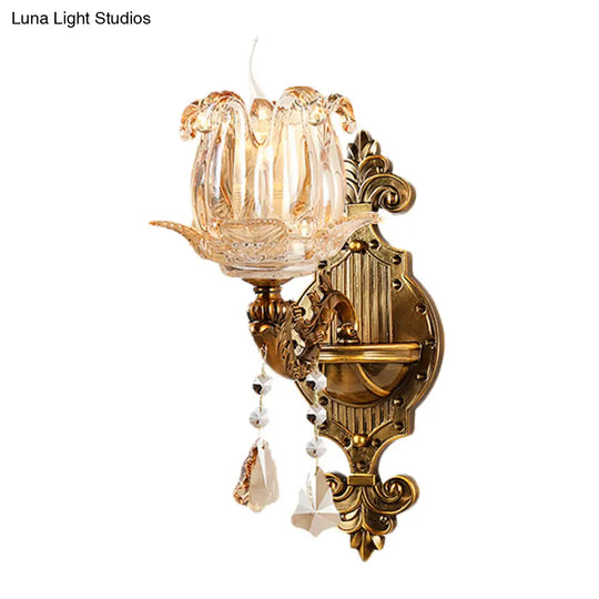 Traditional Brass Crystal Flower Wall Sconce For Hallway Half-Light And Antiqued Finish