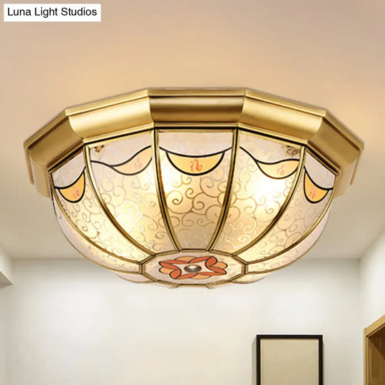 Traditional Brass Domed Shade Flush Ceiling Light With Frosted Glass - 4-Light Mount For Dining Room