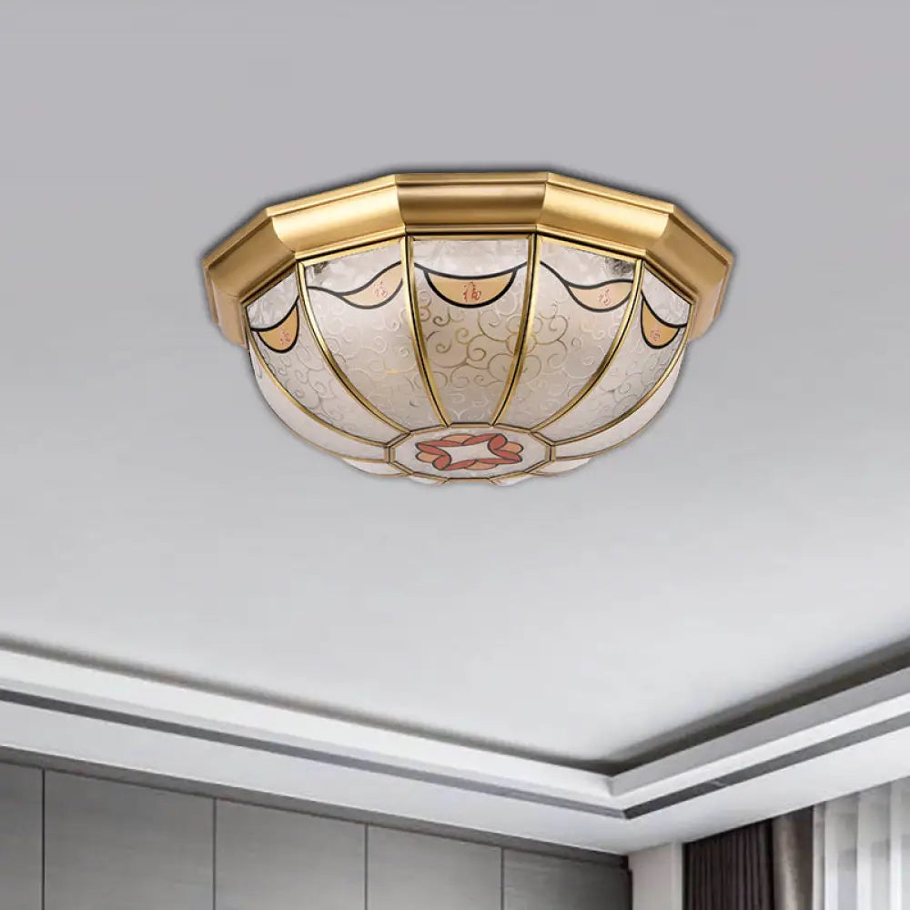Traditional Brass Domed Shade Flush Ceiling Light With Frosted Glass - 4-Light Mount For Dining