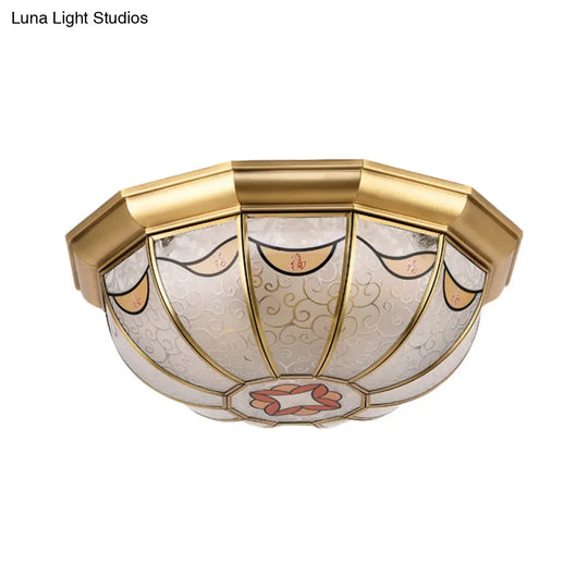 Traditional Brass Domed Shade Flush Ceiling Light With Frosted Glass - 4-Light Mount For Dining