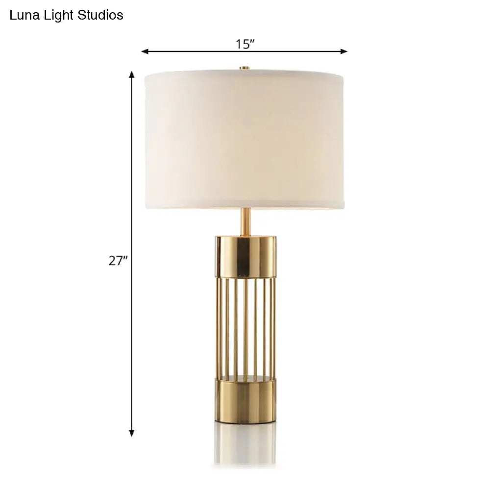 Traditional Brass Drum Fabric Desk Lamp: 1-Light Bedroom Reading Light With Cylinder Base