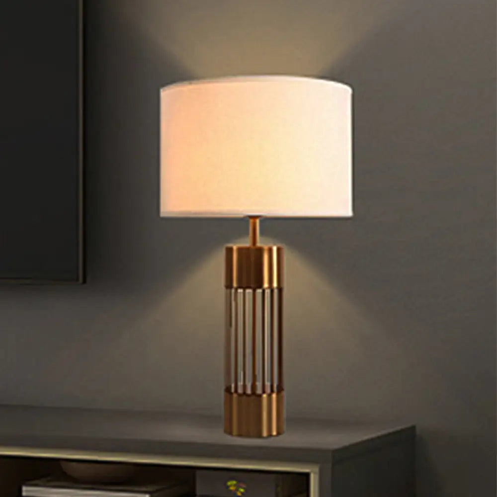 Traditional Brass Drum Fabric Desk Lamp: 1-Light Bedroom Reading Light With Cylinder Base