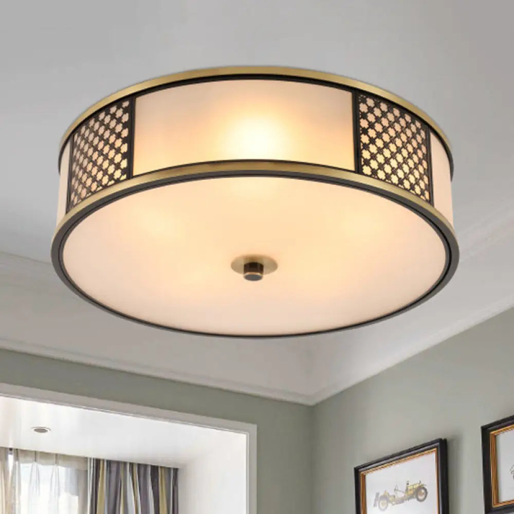 Traditional Brass Drum Flush Mount Ceiling Lamp 5 Light White Glass 16’/19.5’ Width - Ideal For