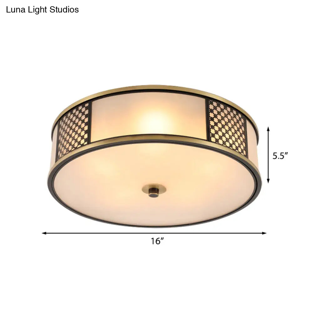 Traditional Brass Drum Flush Mount Ceiling Lamp 5 Light White Glass 16/19.5 Width - Ideal For Living