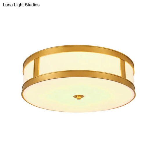 Traditional Brass Drum Flush Mount Ceiling Light Fixture With White Glass - 4 Lights 14/18 Width