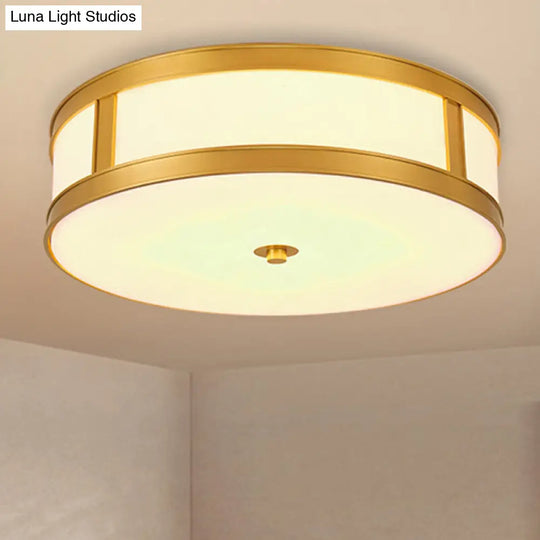Traditional Brass Drum Flush Mount Ceiling Light Fixture With White Glass - 4 Lights 14/18 Width /