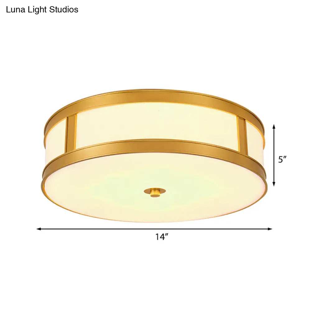 Traditional Brass Drum Flush Mount Ceiling Light Fixture With White Glass - 4 Lights 14’/18’ Width