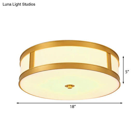 Traditional Brass Drum Flush Mount Ceiling Light Fixture With White Glass - 4 Lights 14’/18’ Width