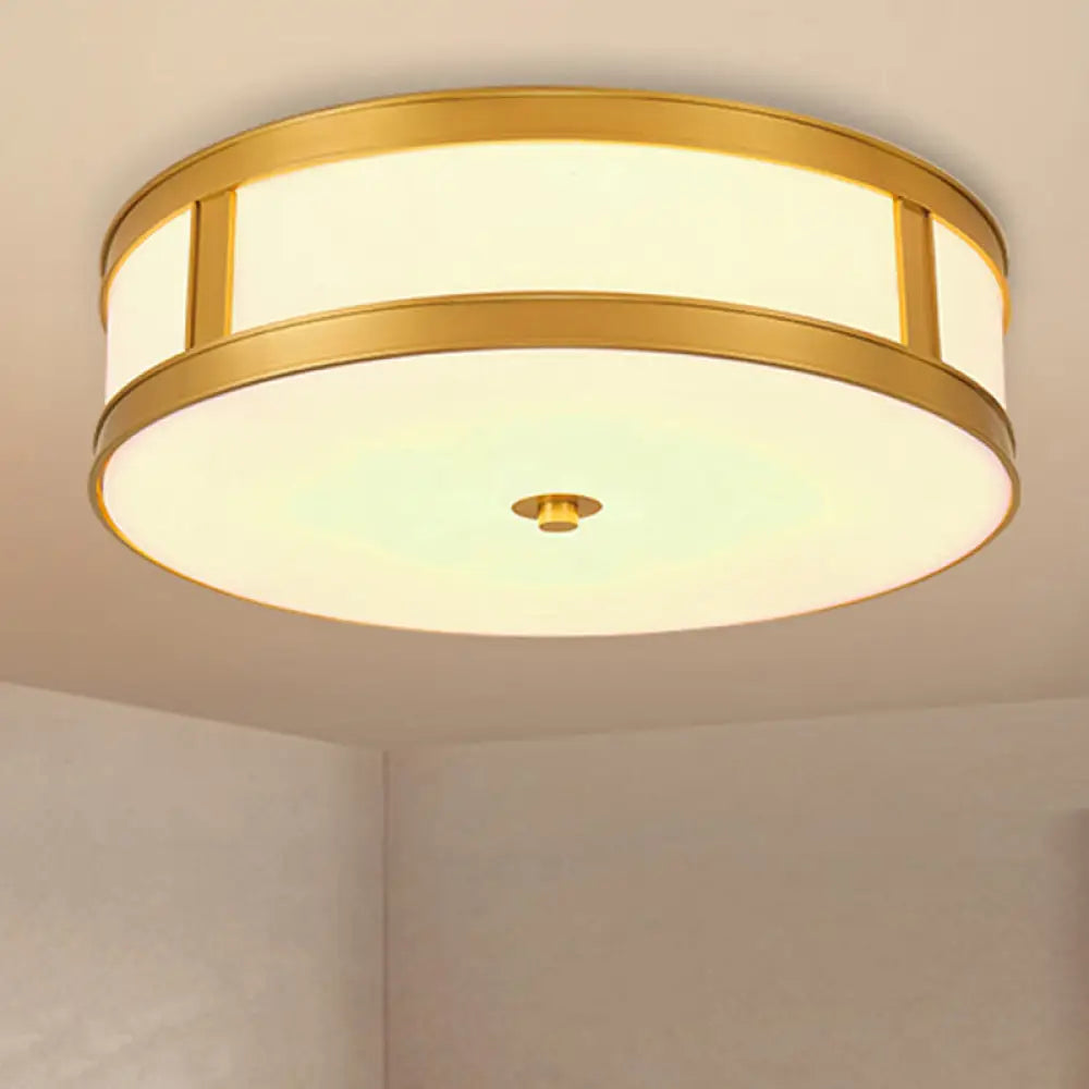 Traditional Brass Drum Flush Mount Ceiling Light Fixture With White Glass - 4 Lights 14’/18’