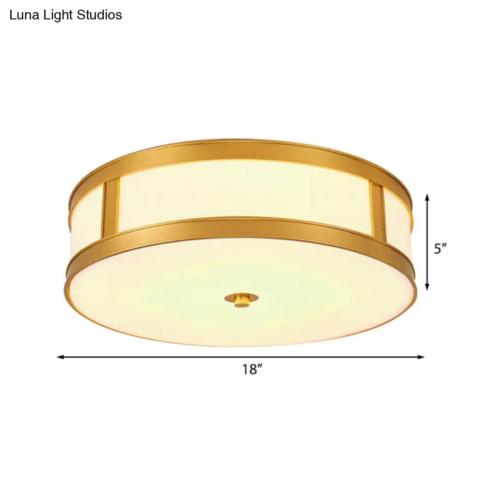 Traditional Brass Drum Flush Mount Ceiling Light Fixture With White Glass - 4 Lights 14/18 Width