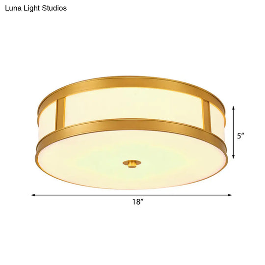 Traditional Brass Drum Flush Mount Ceiling Light Fixture With White Glass - 4 Lights 14/18 Width
