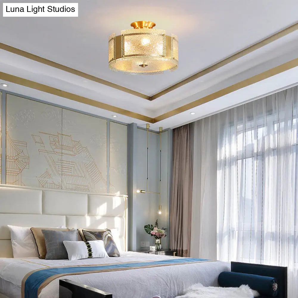 Traditional Brass Drum Semi Flush Mount Lamp With Textured Glass - 4-Head Ceiling Light For Living