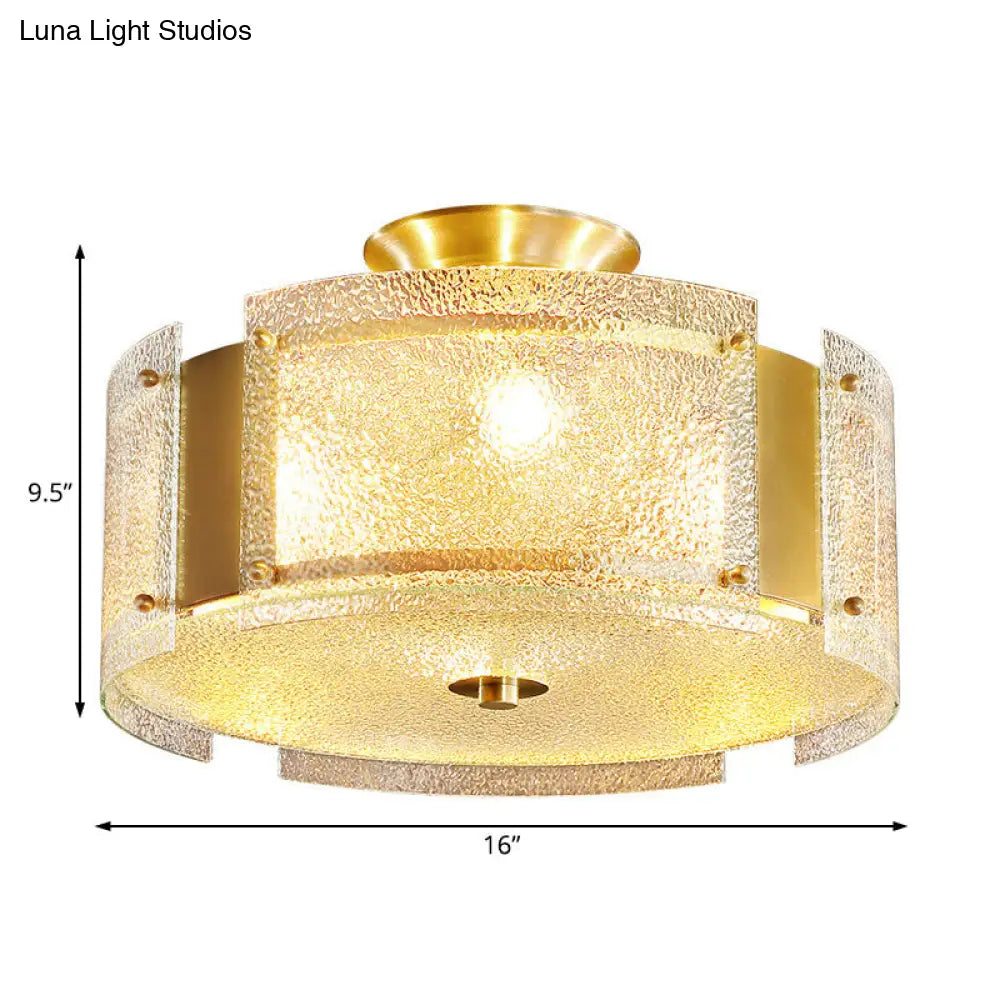 Traditional Brass Drum Semi Flush Mount Lamp With Textured Glass - 4-Head Ceiling Light For Living