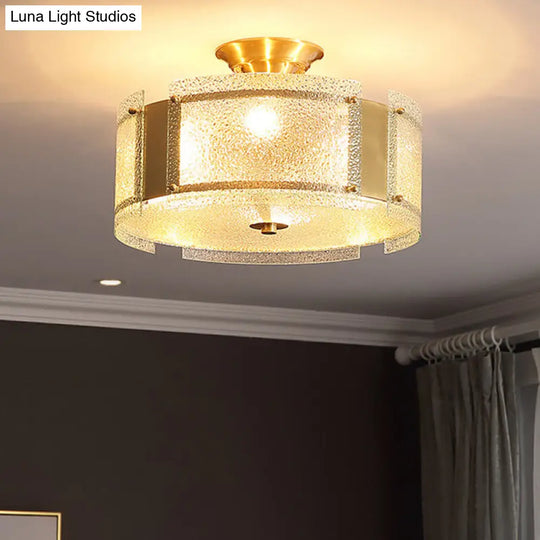 Traditional Brass Drum Semi Flush Mount Lamp With Textured Glass - 4-Head Ceiling Light For Living