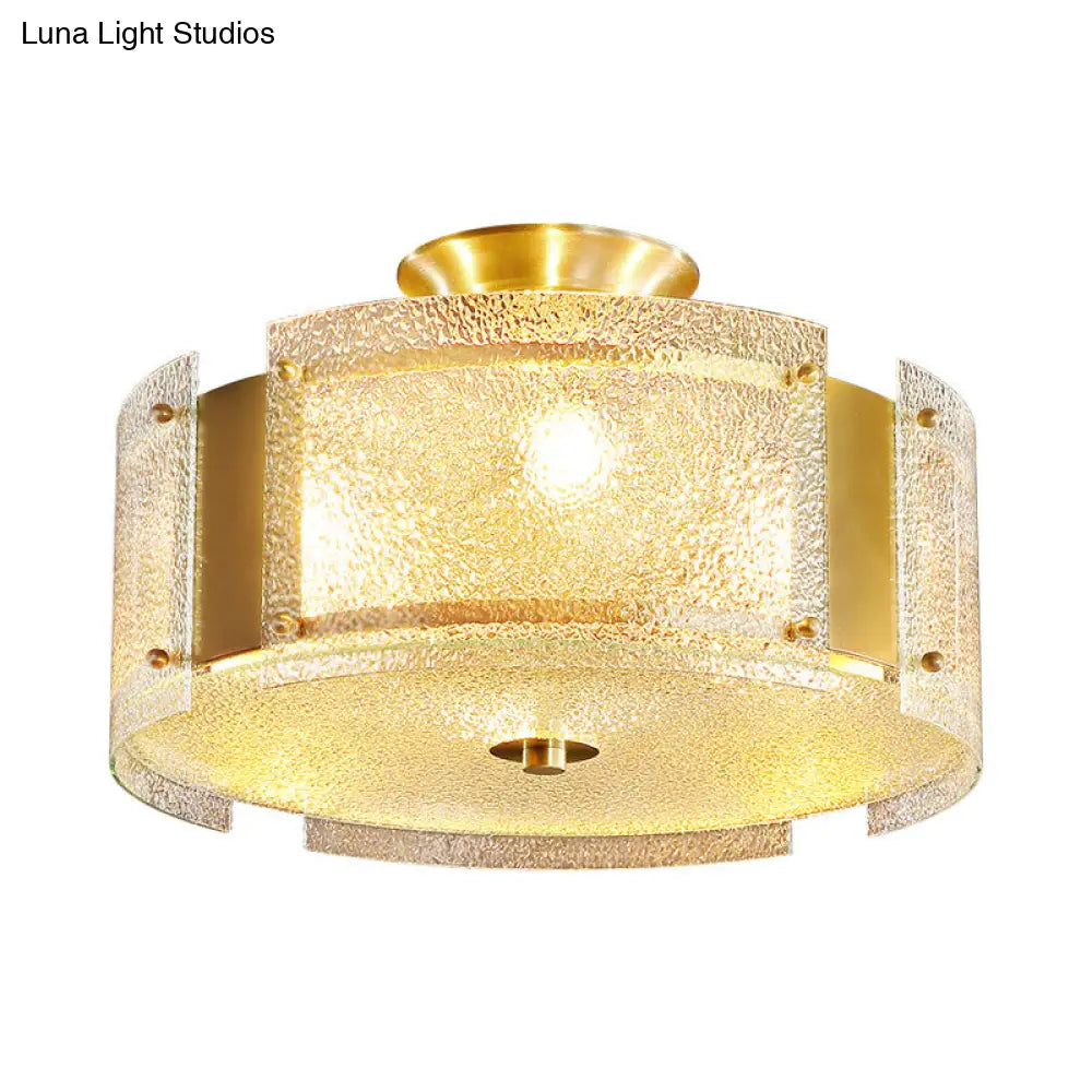 Traditional Brass Drum Semi Flush Mount Lamp With Textured Glass - 4-Head Ceiling Light For Living