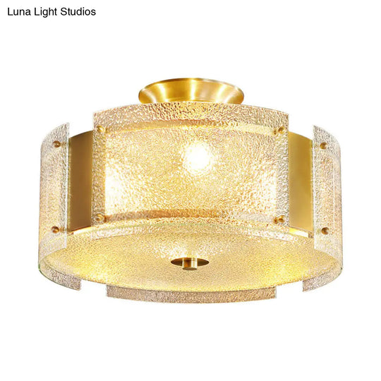 Traditional Brass Drum Semi Flush Mount Lamp With Textured Glass - 4-Head Ceiling Light For Living