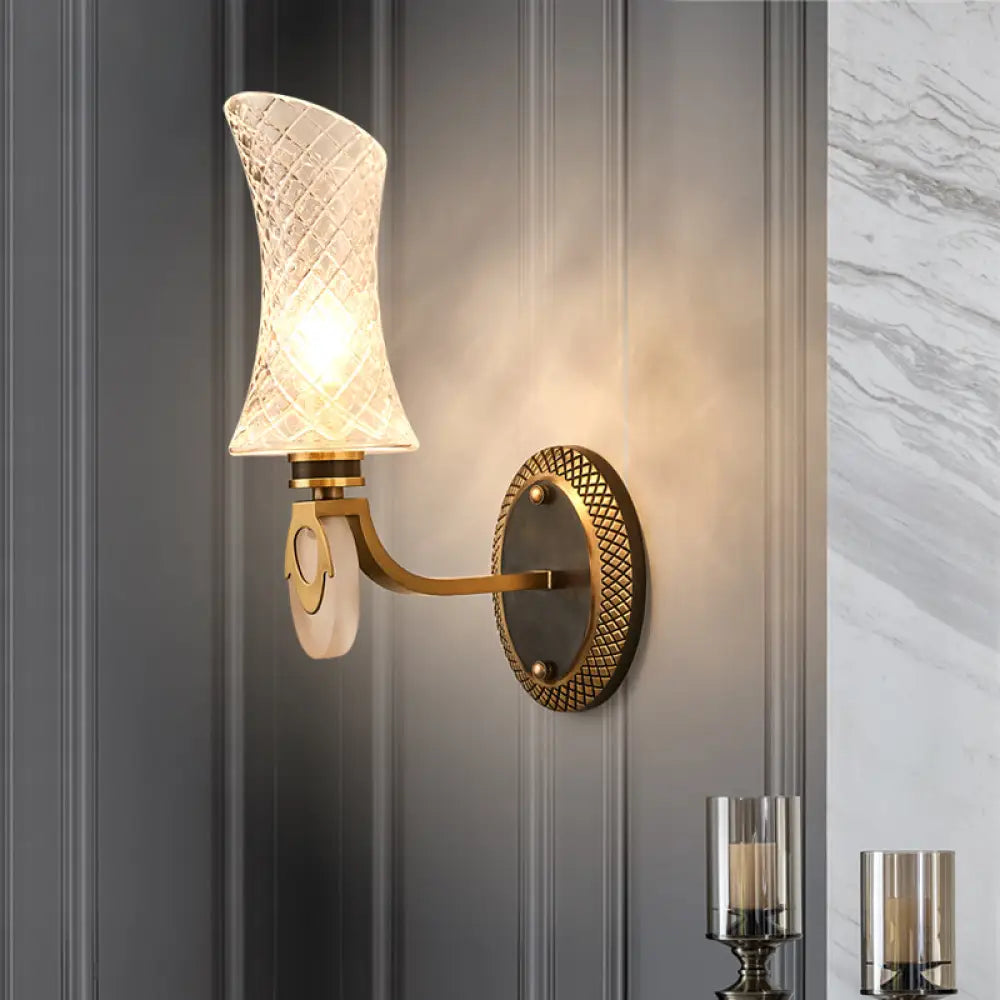 Traditional Brass Finish Arc Wall Lamp With Clear Latticed Glass - Half Light Mounted 1 /