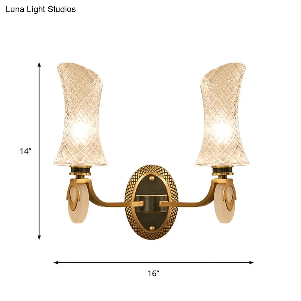 Traditional Brass Finish Arc Wall Lamp With Clear Latticed Glass - Half Light Mounted