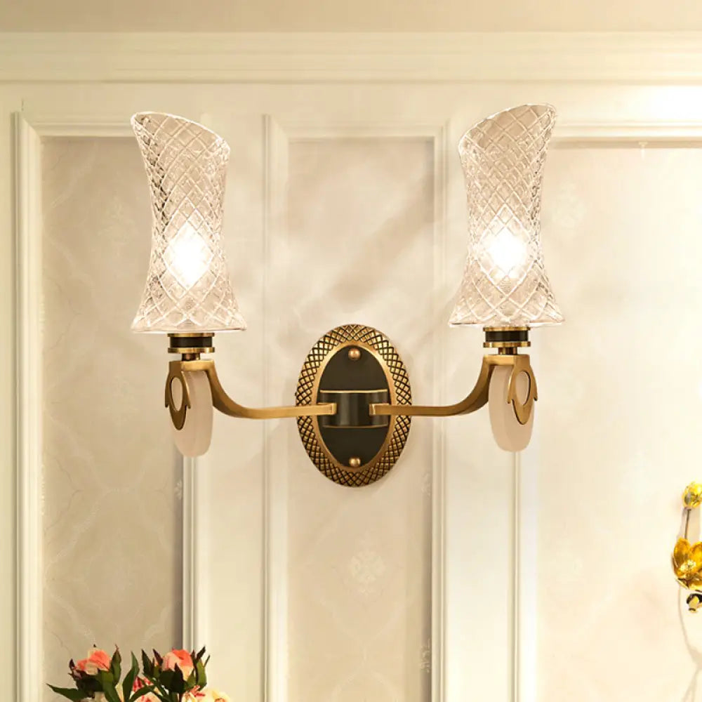 Traditional Brass Finish Arc Wall Lamp With Clear Latticed Glass - Half Light Mounted 2 /