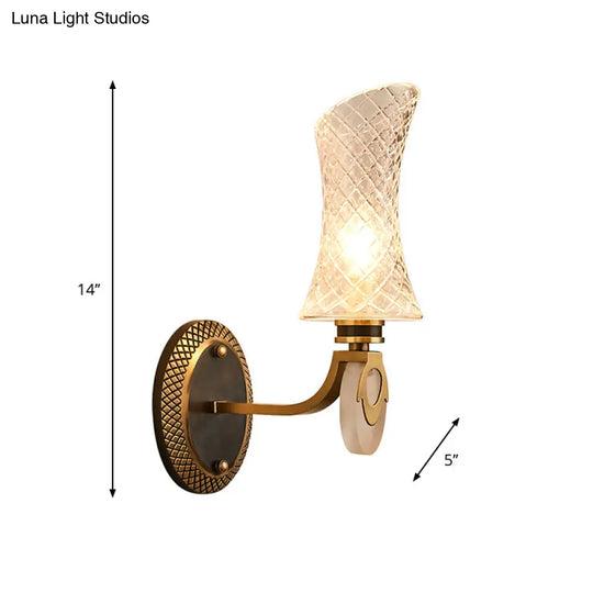 Traditional Brass Finish Arc Wall Lamp With Clear Latticed Glass - Half Light Mounted