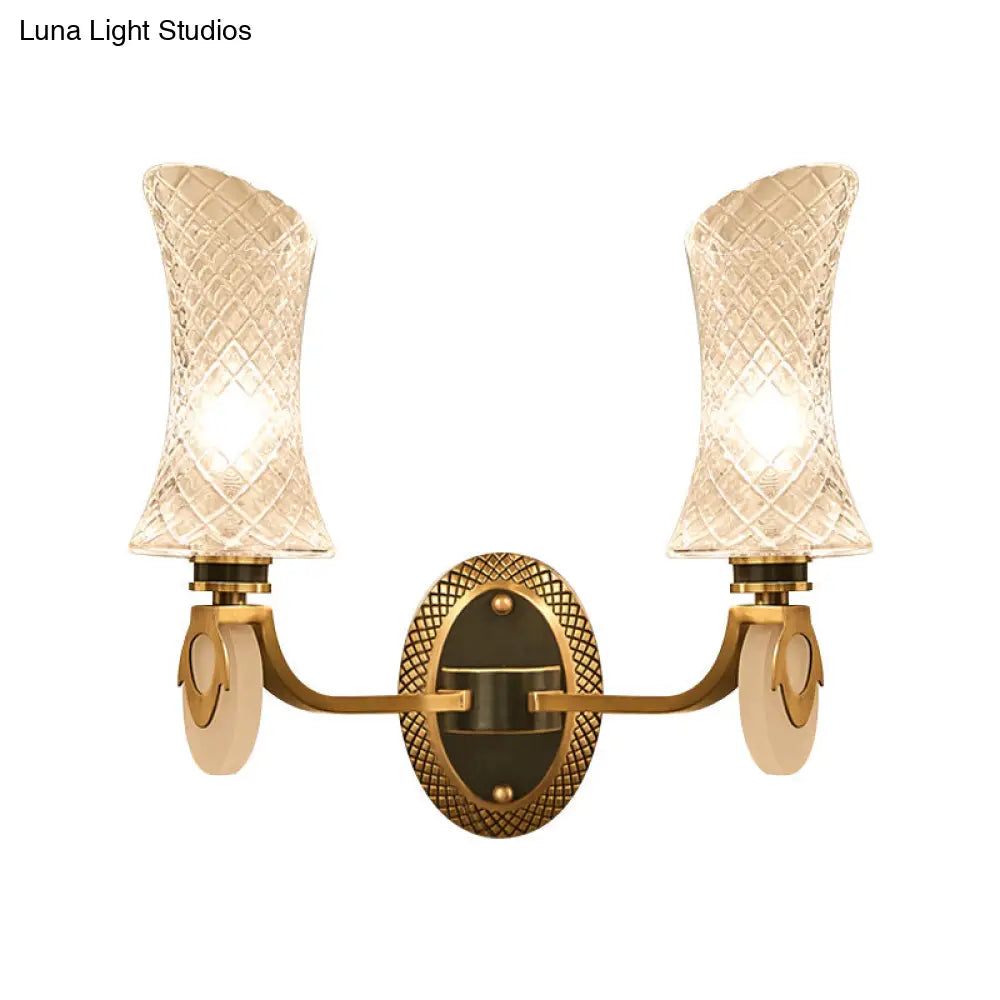 Traditional Brass Finish Arc Wall Lamp With Clear Latticed Glass - Half Light Mounted