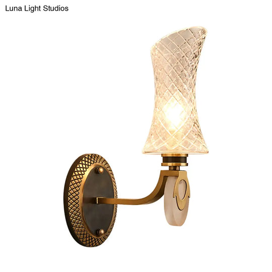 Traditional Brass Finish Arc Wall Lamp With Clear Latticed Glass - Half Light Mounted