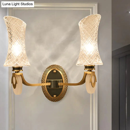 Traditional Brass Finish Arc Wall Lamp With Clear Latticed Glass - Half Light Mounted