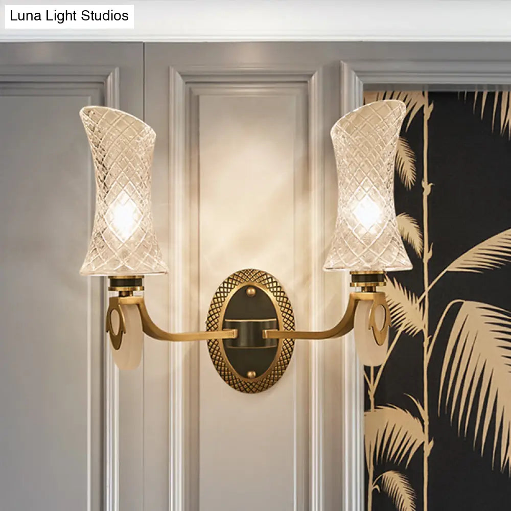 Traditional Brass Finish Arc Wall Lamp With Clear Latticed Glass - Half Light Mounted