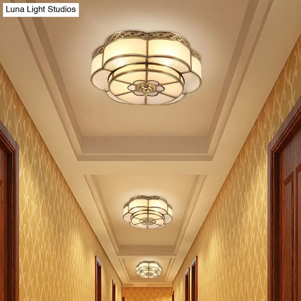 Traditional Brass Finish Ceiling Mount Lamp With Frost Glass - Flower Corridor Flush Light Fixture