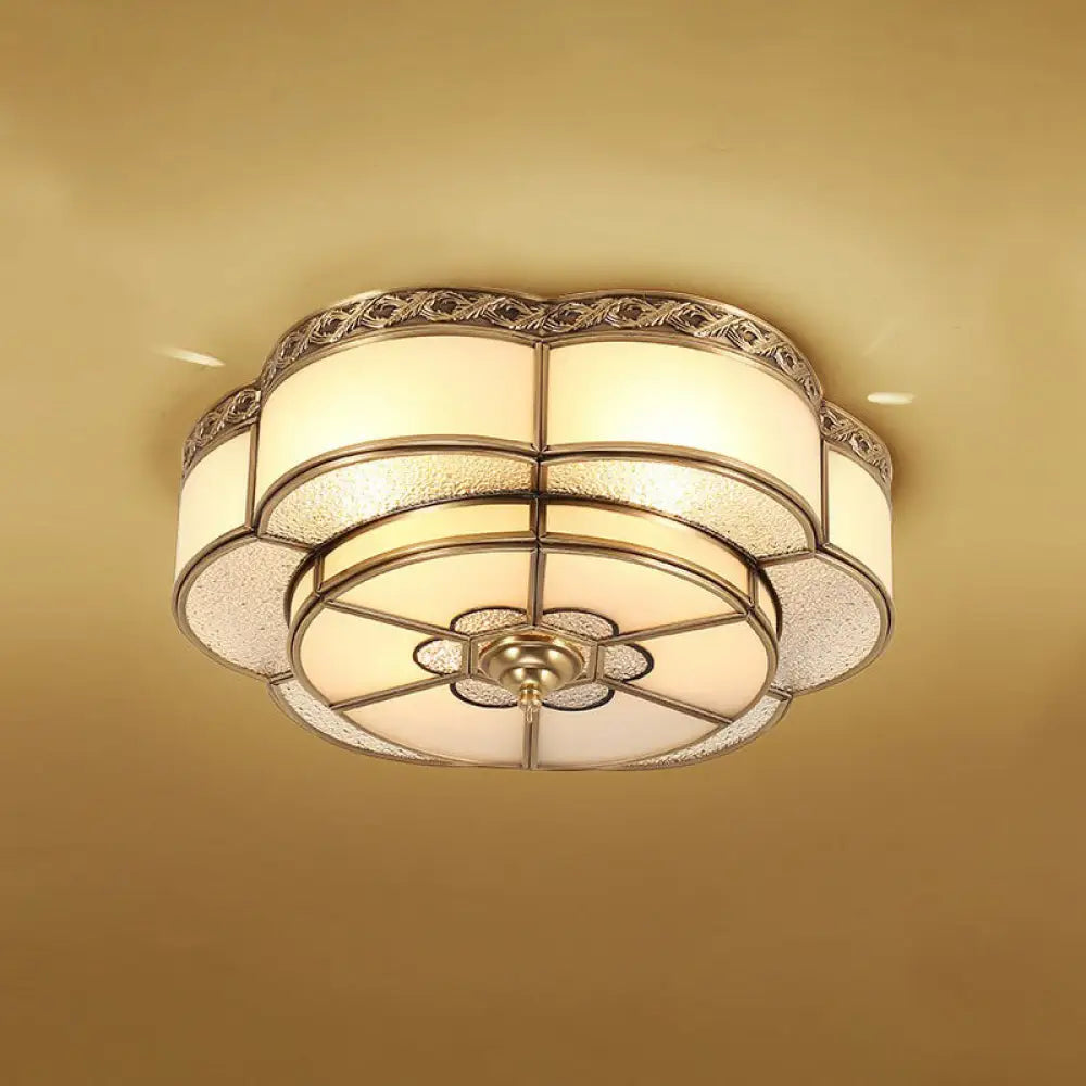 Traditional Brass Finish Ceiling Mount Lamp With Frost Glass - Flower Corridor Flush Light Fixture