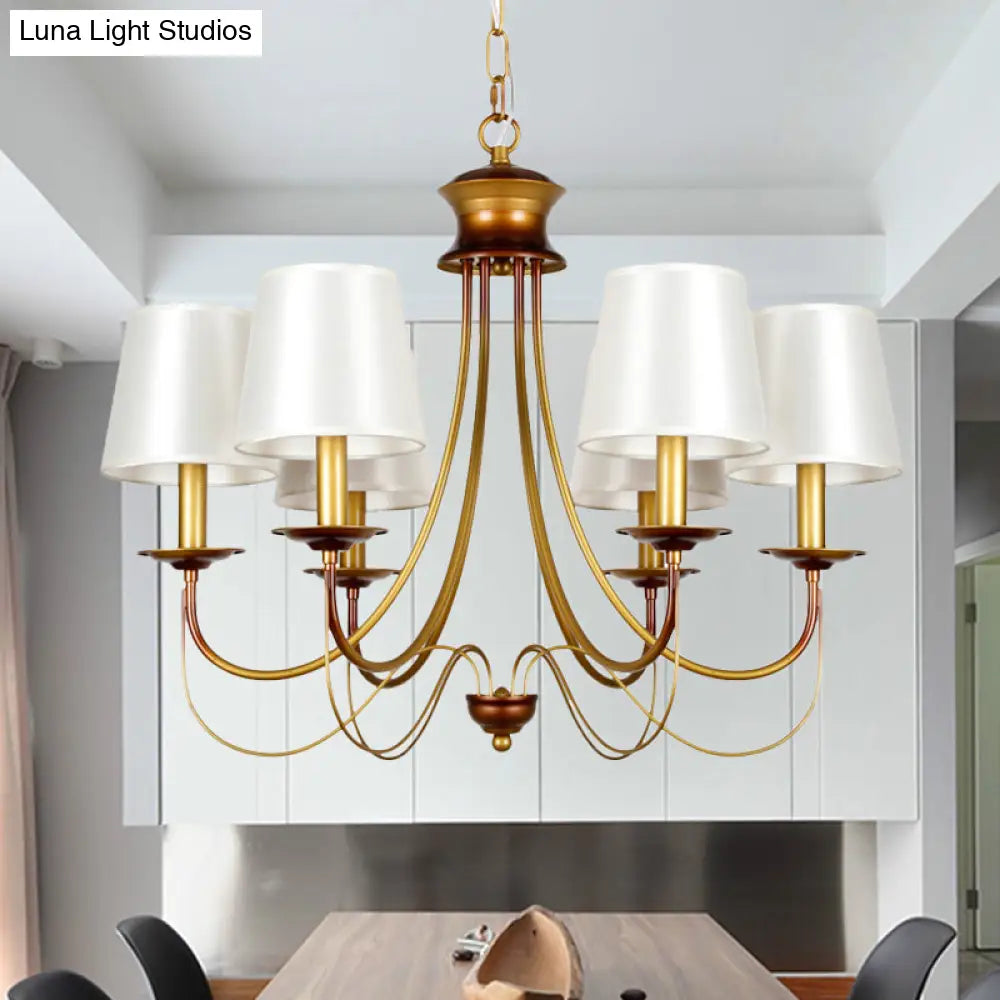 Traditional Brass Finish Chandelier With White Fabric Lamp Shade - 3/5/6 Lights