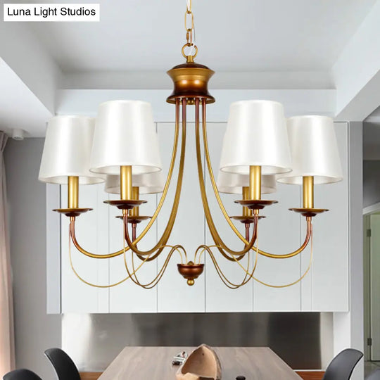 Traditional Brass Finish Chandelier With White Fabric Lamp Shade - 3/5/6 Lights