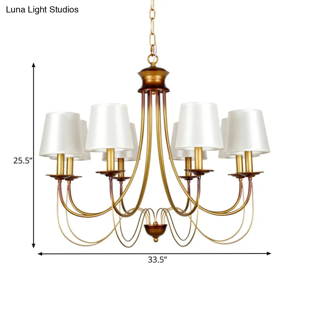 Traditional Brass Finish Chandelier With White Fabric Lamp Shade - 3/5/6 Lights