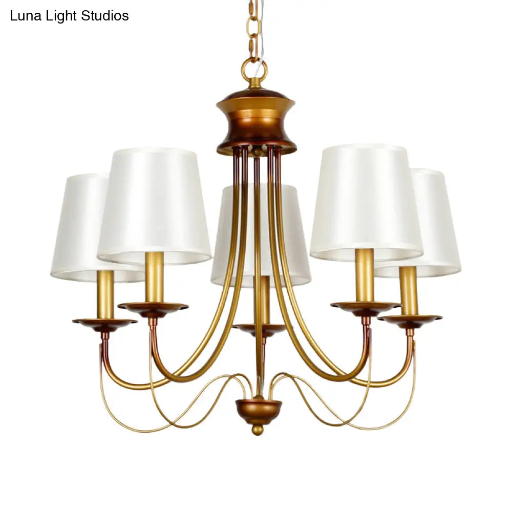 Traditional Brass Finish Chandelier With White Fabric Lamp Shade - 3/5/6 Lights