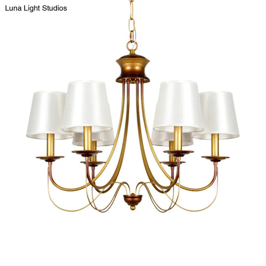 Traditional Brass Finish Chandelier With White Fabric Lamp Shade - 3/5/6 Lights