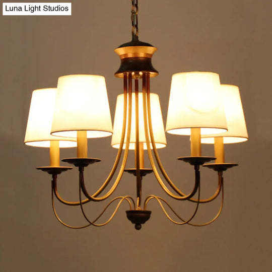 Traditional Brass Finish Chandelier With White Fabric Lamp Shade - 3/5/6 Lights