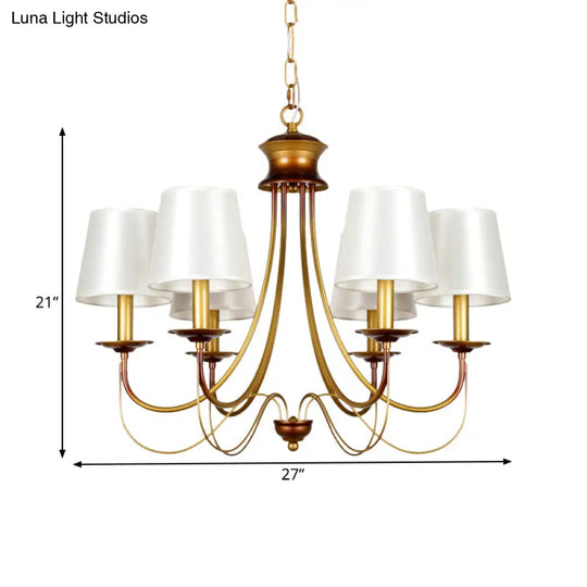 Traditional Brass Finish Chandelier With White Fabric Lamp Shade - 3/5/6 Lights