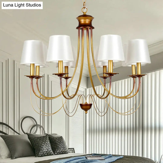 Traditional Brass Finish Chandelier With White Fabric Lamp Shade - 3/5/6 Lights