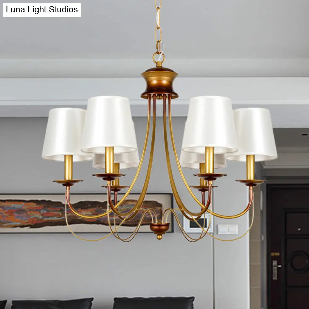 Traditional Brass Finish Chandelier With White Fabric Lamp Shade - 3/5/6 Lights