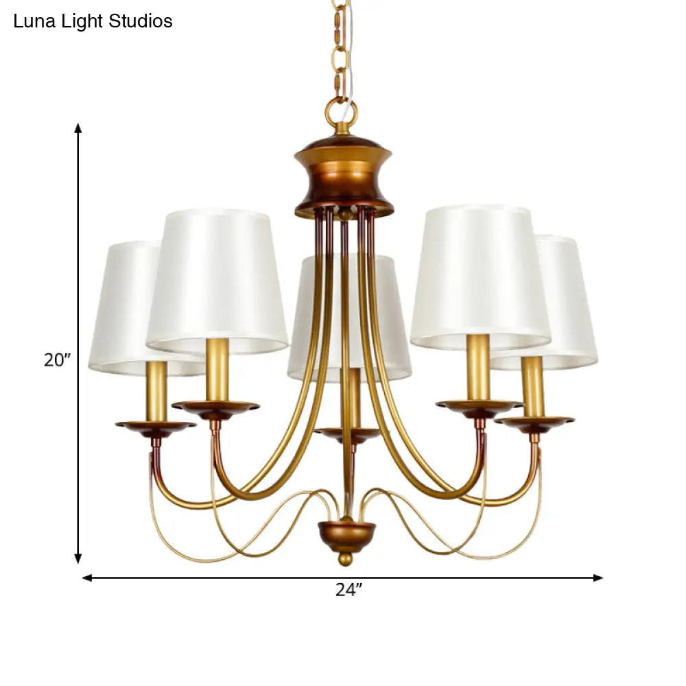 Traditional Brass Finish Chandelier With White Fabric Lamp Shade - 3/5/6 Lights