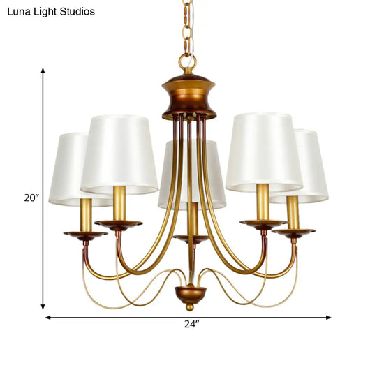 Traditional Brass Finish Chandelier With White Fabric Lamp Shade - 3/5/6 Lights