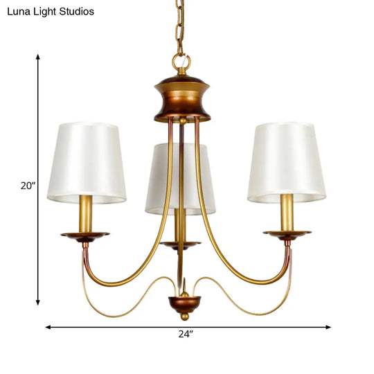 Traditional Brass Finish Chandelier With White Fabric Lamp Shade - 3/5/6 Lights