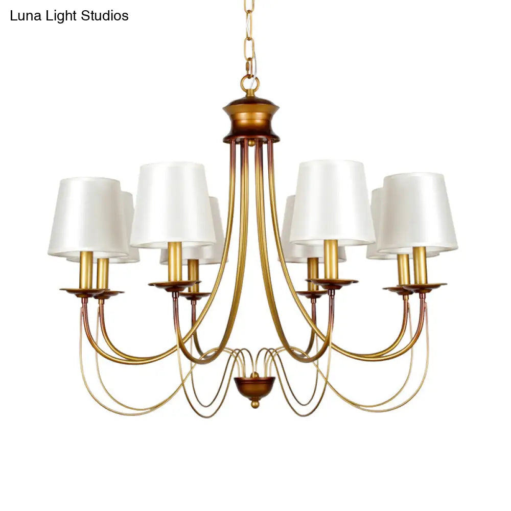 Traditional Brass Finish Chandelier With White Fabric Lamp Shade - 3/5/6 Lights