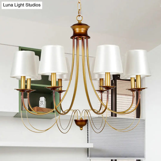 Traditional Brass Finish Chandelier With White Fabric Lamp Shade - 3/5/6 Lights