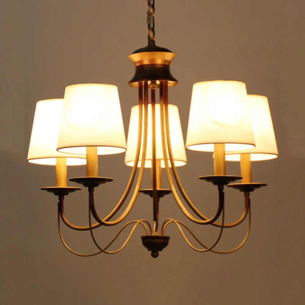 Traditional Brass Finish Chandelier With White Fabric Lamp Shade - 3/5/6 Lights 5 /