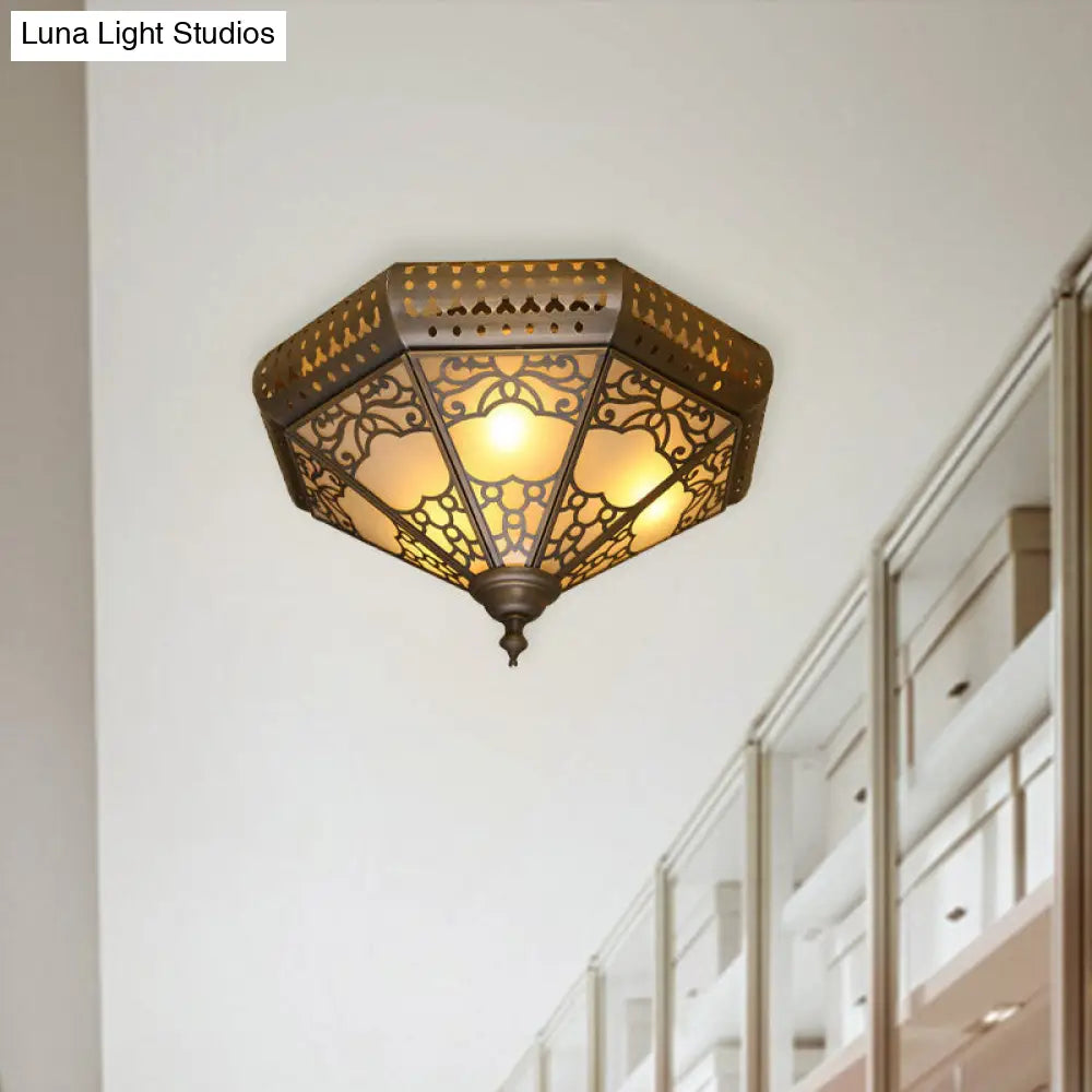 Traditional Brass Finish Metal Flush Mount Lamp Fixture With 3 Cone Lights