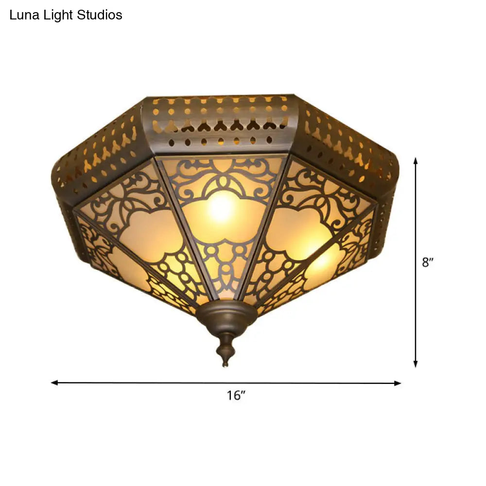 Traditional Brass Finish Metal Flush Mount Lamp Fixture With 3 Cone Lights