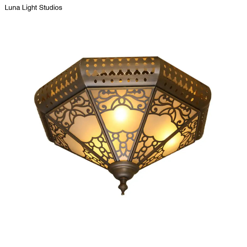 Traditional Brass Finish Metal Flush Mount Lamp Fixture With 3 Cone Lights